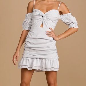 NWT Dusty Blue Ruched Off-the-Shoulder Mini Dress